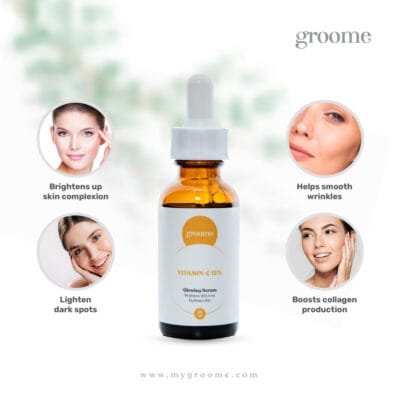 Groomy Vitamin C 12% Serum for Brightening and Hydrating Skin, Reduces Dark Spots and Fine Lines, 30ml